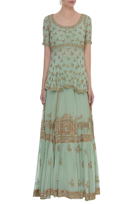 Shop_Neha Mehta Couture_Blue Zardozi Peplum Blouse Embroidered Lehenga Set _Online_at_Aza_Fashions