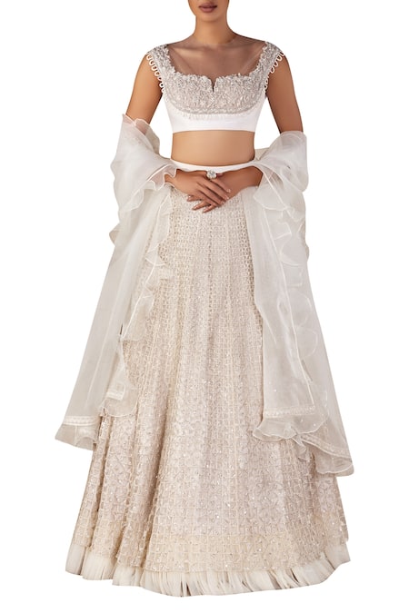 Ridhi Mehra Off White Embellished Blouse With Lehenga And Ruffle Dupatta