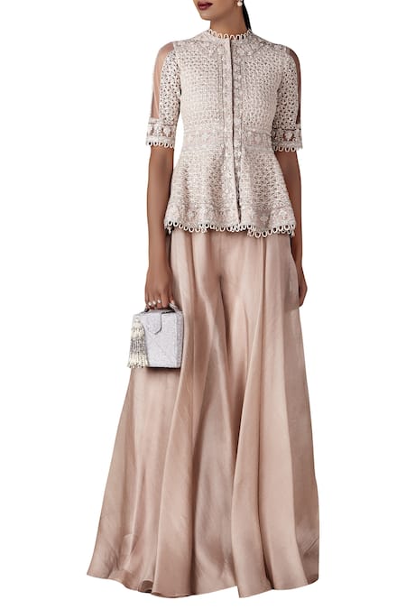 Ridhi Mehra Beige Tulle Embroidered Thread Peplum Jacket With Gharara Pants  