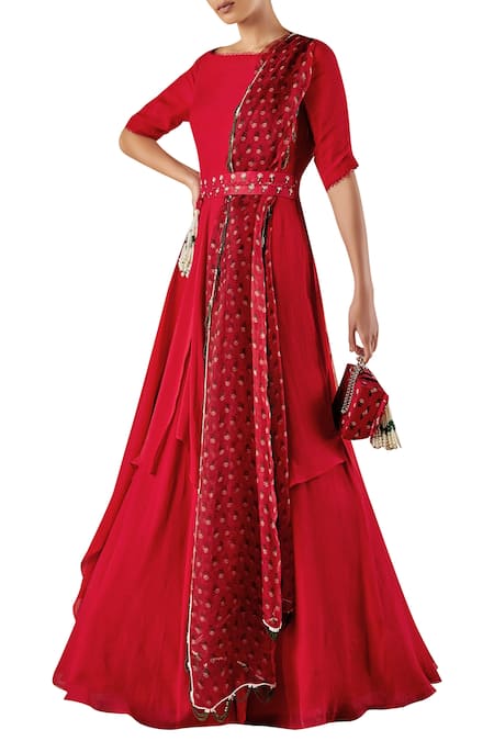 Ridhi Mehra Boat Neck Anarkali With Embroidered Dupatta And Belt