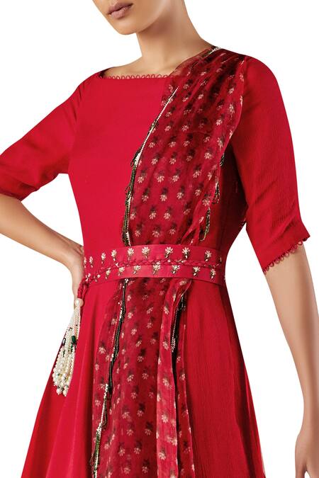 Ridhi Mehra Boat Neck Anarkali With Embroidered Dupatta And Belt Online at Aza Fashions Ridhi Mehra_Boat Neck Anarkali With Embroidered Dupatta And Belt_Online_at_Aza_Fashions