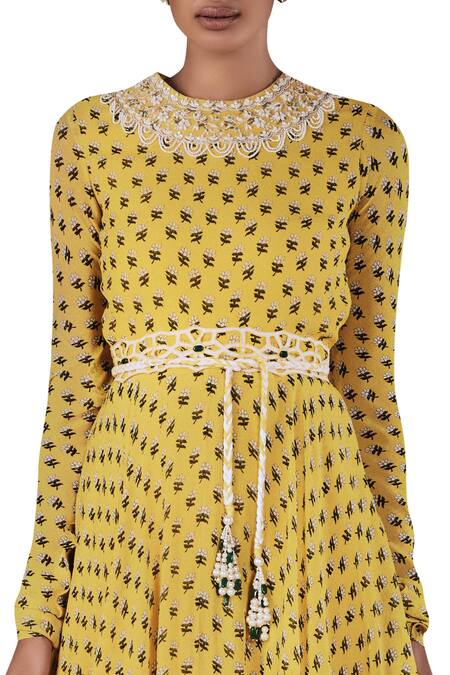 Ridhi Mehra_Yellow Printed Tunic Set With Waistbelt And Ruffle Dupatta_Online_at_Aza_Fashions