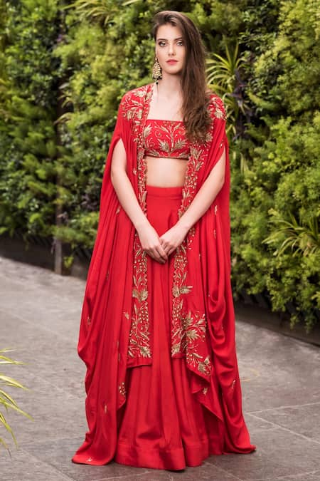 Prathyusha Garimella Embroidered Cape With Crop Top And Lehenga