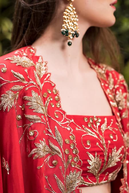 Shop_Prathyusha Garimella_Embroidered Cape With Crop Top And Lehenga_at_Aza_Fashions