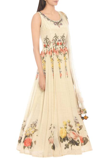 RI.Ritu Kumar_Off White Rayon Crepe Printed Floral Round Embroidered Maxi Dress With Stole_Online_at_Aza_Fashions
