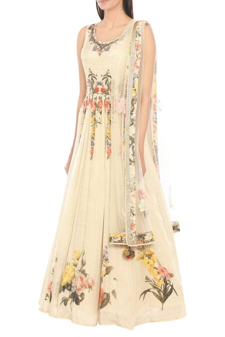 Buy_RI.Ritu Kumar_Off White Rayon Crepe Printed Floral Round Embroidered Maxi Dress With Stole_Online_at_Aza_Fashions