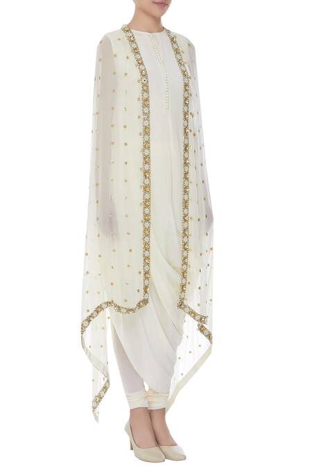 Nidhika Shekhar_Off White Georgette Embroidery Round Side Draped Kurta Set With Cape _Online_at_Aza_Fashions