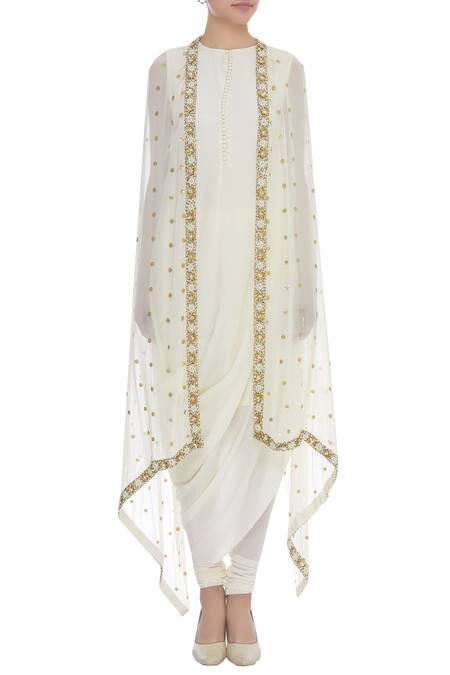 Shop_Nidhika Shekhar_Off White Georgette Embroidery Round Side Draped Kurta Set With Cape _Online_at_Aza_Fashions
