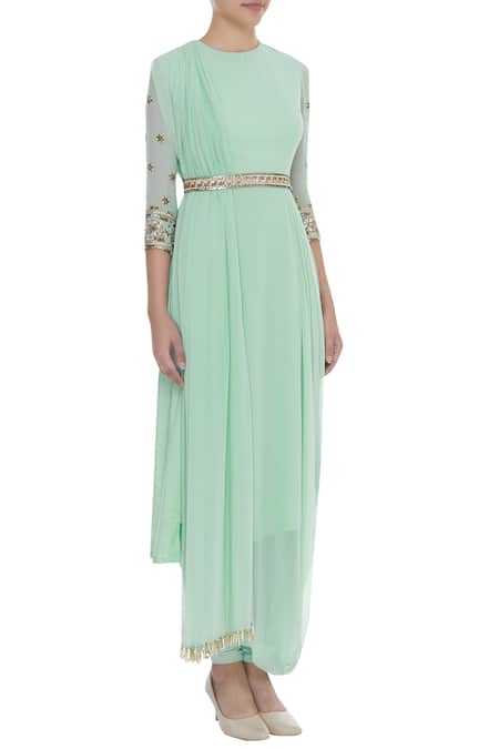 Nidhika Shekhar_Green Georgette Embroidery Sequin Round Cowl Draped Kurta With Belt _Online_at_Aza_Fashions