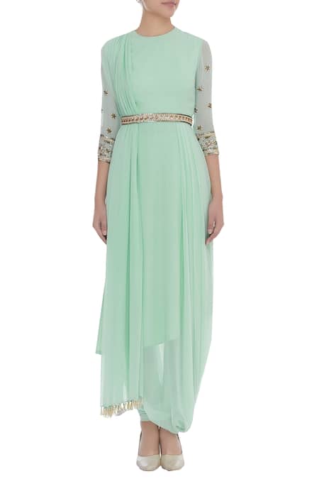 Shop_Nidhika Shekhar_Green Georgette Embroidery Sequin Round Cowl Draped Kurta With Belt _Online_at_Aza_Fashions