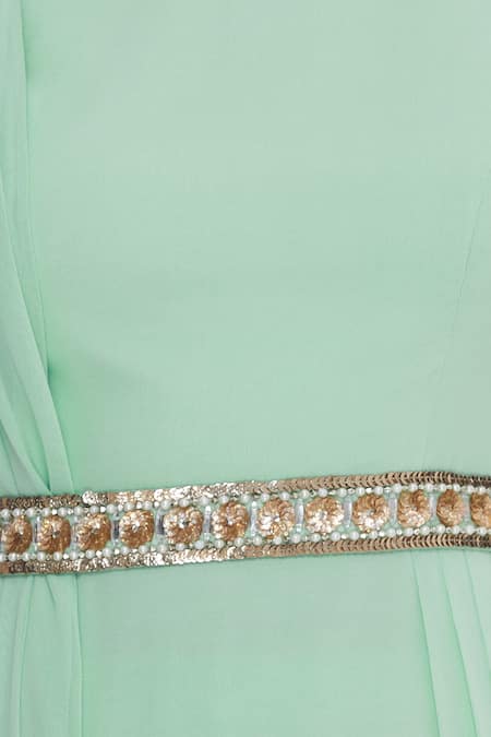 Nidhika Shekhar_Green Georgette Embroidery Sequin Round Cowl Draped Kurta With Belt _at_Aza_Fashions