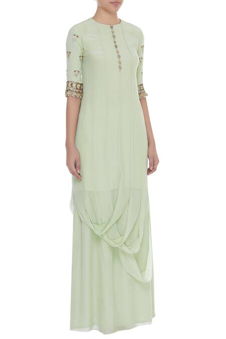 Nidhika Shekhar_Green Crepe Embroidery Cutdana Round Draped Kurta With Skirt _Online_at_Aza_Fashions