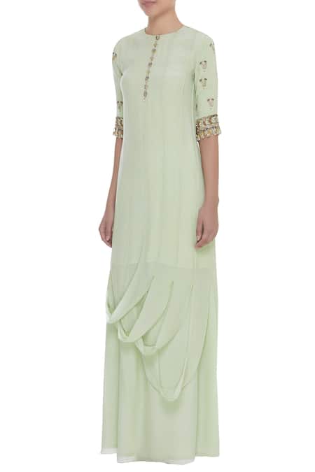 Buy_Nidhika Shekhar_Green Crepe Embroidery Cutdana Round Draped Kurta With Skirt _Online_at_Aza_Fashions