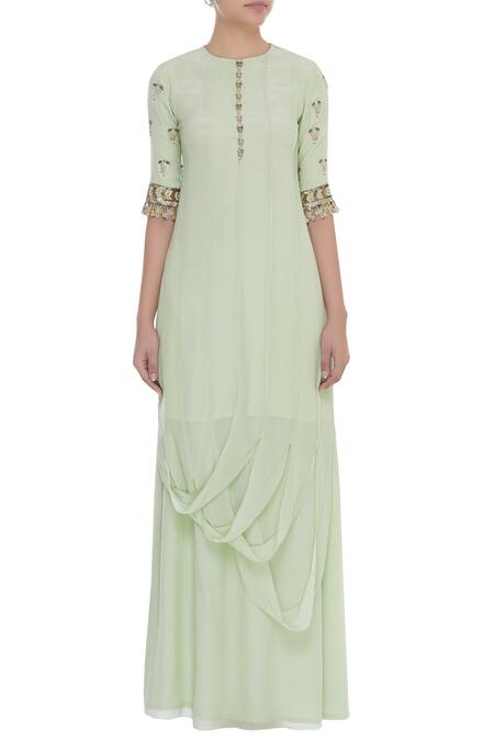 Shop_Nidhika Shekhar_Green Crepe Embroidery Cutdana Round Draped Kurta With Skirt _Online_at_Aza_Fashions