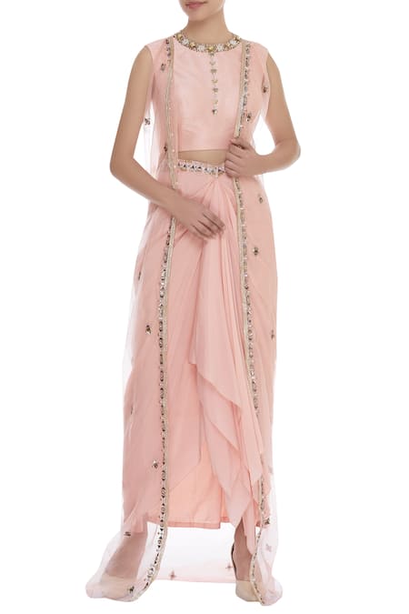 Nidhika Shekhar Crop Top With Draped Skirt & Attached Shrug 