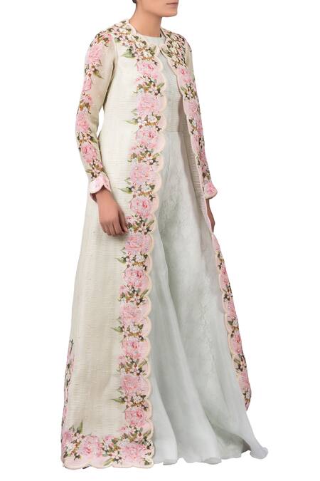 Yashodhara_Green Jumpsuit With Embroidered Jacket_Online_at_Aza_Fashions