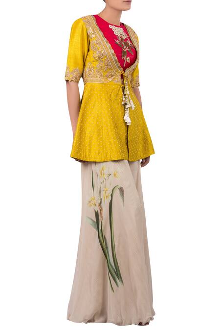 Yashodhara_Cream Raw Silk Embroidered Jacket Palazzo Set_Online_at_Aza_Fashions