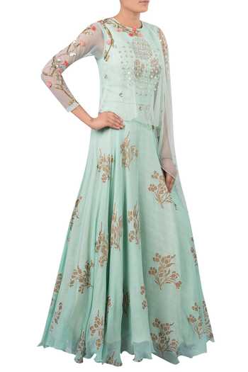 Yashodhara_Blue Block Print Anarkali With Attached Cape_Online_at_Aza_Fashions