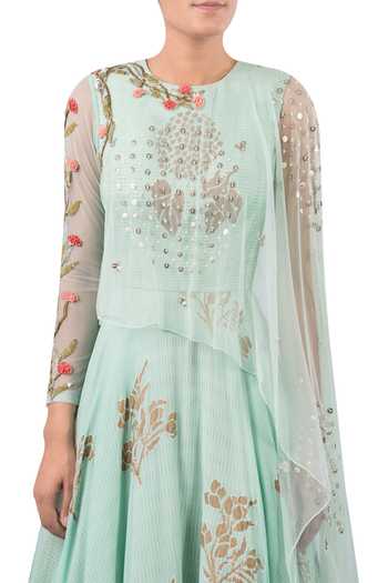 Buy_Yashodhara_Blue Block Print Anarkali With Attached Cape_Online_at_Aza_Fashions