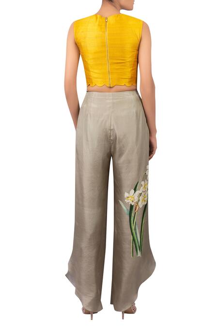 Shop Yashodhara Yellow Embroidered Cape With Bustier And Draped Pant at Aza Fashions Shop_Yashodhara_Yellow Embroidered Cape With Bustier And Draped Pant_at_Aza_Fashions