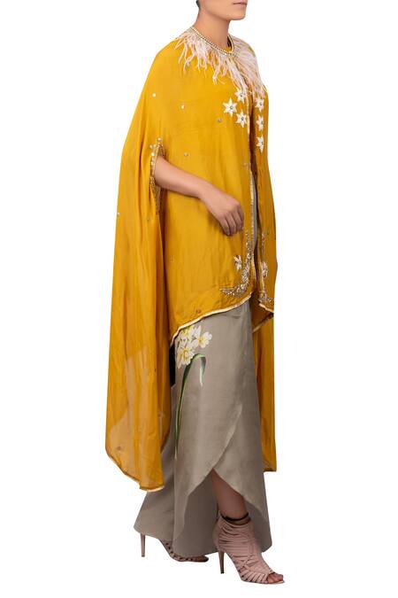 Yashodhara Yellow Embroidered Cape With Bustier And Draped Pant Online at Aza Fashions Yashodhara_Yellow Embroidered Cape With Bustier And Draped Pant_Online_at_Aza_Fashions