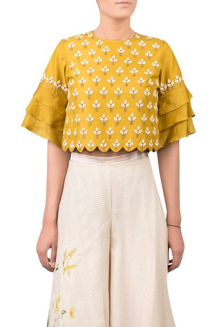 Yashodhara_Yellow Embellished Crop Top Pant Set_Online_at_Aza_Fashions