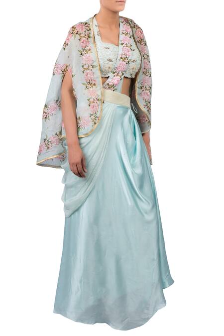 Yashodhara_Blue Embroidered Saree With Blouse, Waist Belt And Printed Jacket_Online_at_Aza_Fashions