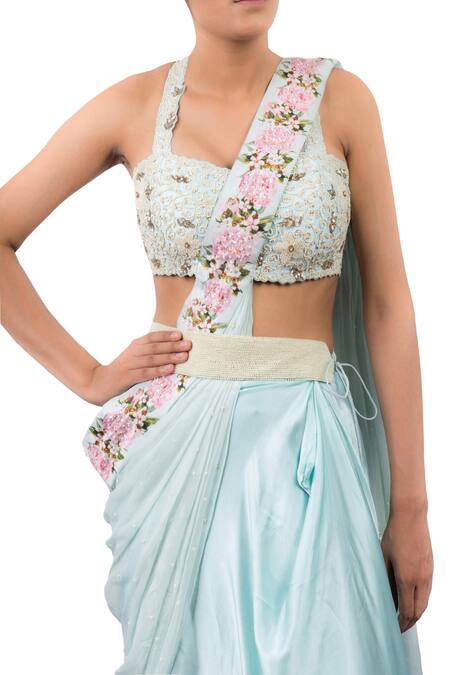 Buy_Yashodhara_Blue Embroidered Saree With Blouse, Waist Belt And Printed Jacket_Online_at_Aza_Fashions