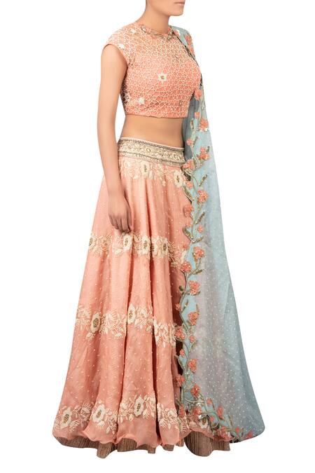 Yashodhara_Blue Flower Embroidered Lehenga Set With Contrast Dupatta_Online_at_Aza_Fashions