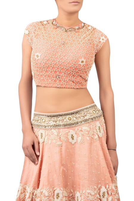 Buy_Yashodhara_Blue Flower Embroidered Lehenga Set With Contrast Dupatta_Online_at_Aza_Fashions