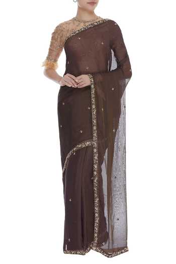 Pleats By Kaksha And Dimple_Orange Organza Pitawork Embroidered Round Saree With Feather Work Blouse_Online_at_Aza_Fashions