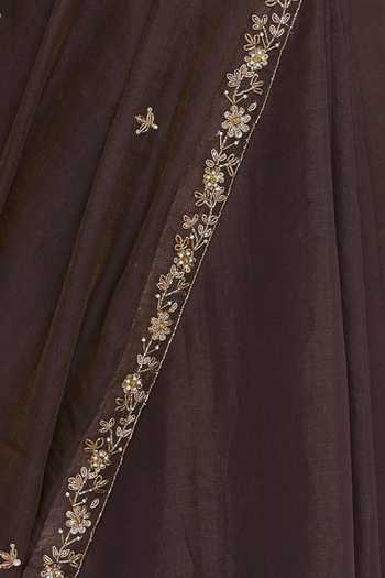 Pleats By Kaksha And Dimple_Orange Organza Pitawork Embroidered Round Saree With Feather Work Blouse_at_Aza_Fashions