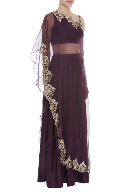 Pleats By Kaksha And Dimple_Purple Silk Cutdana And Sequin Hand Work Embroidered One Cape With Bustier & Skirt_Online_at_Aza_Fashions