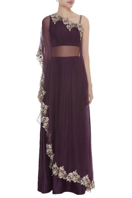 Buy_Pleats By Kaksha And Dimple_Purple Silk Cutdana And Sequin Hand Work Embroidered One Cape With Bustier & Skirt_Online_at_Aza_Fashions