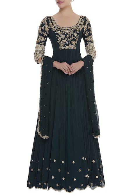 Pleats by Kaksha and Dimple Blue Crepe Georgette Zardozi Embroidered Work Anarkali Kurta With Dupatta