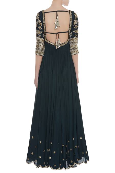 Shop_Pleats By Kaksha And Dimple_Blue Crepe Georgette Zardozi Embroidered Work Anarkali Kurta With Dupatta_at_Aza_Fashions