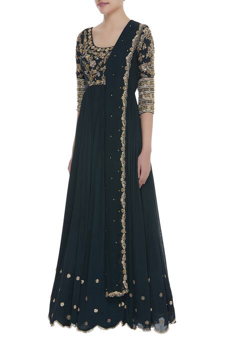 Pleats By Kaksha And Dimple_Blue Crepe Georgette Zardozi Embroidered Work Anarkali Kurta With Dupatta_Online_at_Aza_Fashions