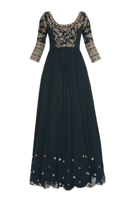Buy_Pleats By Kaksha And Dimple_Blue Crepe Georgette Zardozi Embroidered Work Anarkali Kurta With Dupatta_Online_at_Aza_Fashions