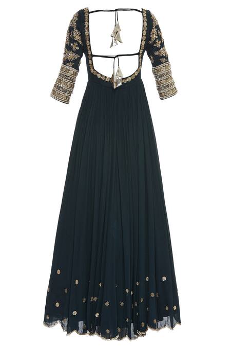 Shop_Pleats By Kaksha And Dimple_Blue Crepe Georgette Zardozi Embroidered Work Anarkali Kurta With Dupatta_Online_at_Aza_Fashions