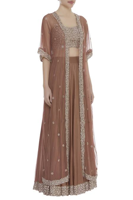Pleats By Kaksha And Dimple Brown Silk Thread Handwork Embroidered Round Lehenga With Bustier And Cape Jacket Online at Aza Fashions Pleats By Kaksha And Dimple_Brown Silk Thread Handwork Embroidered Round Lehenga With Bustier And Cape Jacket_Online_at_Aza_Fashions