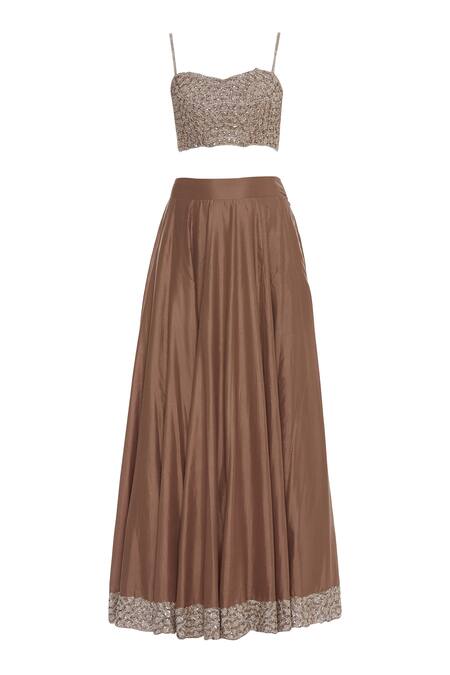 Shop Pleats By Kaksha And Dimple Brown Silk Thread Handwork Embroidered Round Lehenga With Bustier And Cape Jacket Online at Aza Fashions Shop_Pleats By Kaksha And Dimple_Brown Silk Thread Handwork Embroidered Round Lehenga With Bustier And Cape Jacket_Online_at_Aza_Fashions