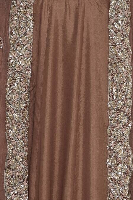 Pleats By Kaksha And Dimple Brown Silk Thread Handwork Embroidered Round Lehenga With Bustier And Cape Jacket at Aza Fashions Pleats By Kaksha And Dimple_Brown Silk Thread Handwork Embroidered Round Lehenga With Bustier And Cape Jacket_at_Aza_Fashions