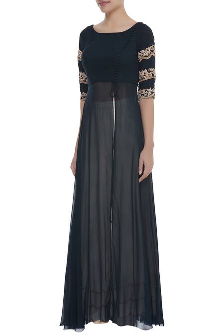 Buy_Pleats by Kaksha and Dimple_White Crepe Georgette Thread Handwork Embroidered Gota Work Kurta With Palazzo _Online_at_Aza_Fashions