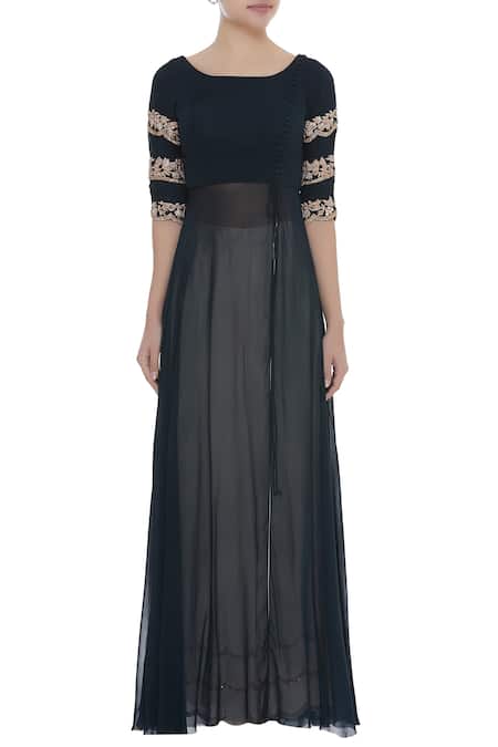 Shop_Pleats by Kaksha and Dimple_White Crepe Georgette Thread Handwork Embroidered Gota Work Kurta With Palazzo _Online_at_Aza_Fashions