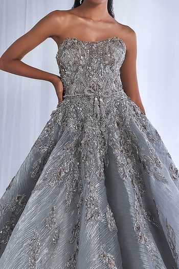 Dolly J_Silver Organza Sequins, Pearls, Beads, Tassels Nobeika Bandeau Embroidered Gown _Online_at_Aza_Fashions