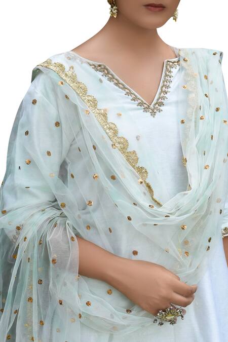 Seema Nanda_Green Chanderi Silk Embroidery V Neck Ruffle Skirt Detail And Kurta Set  _Online_at_Aza_Fashions