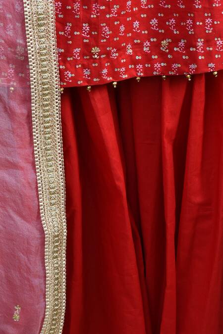 Seema Nanda_Red Cotton Print Block Off Shoulder Kurta And Lehenga Set_Online_at_Aza_Fashions