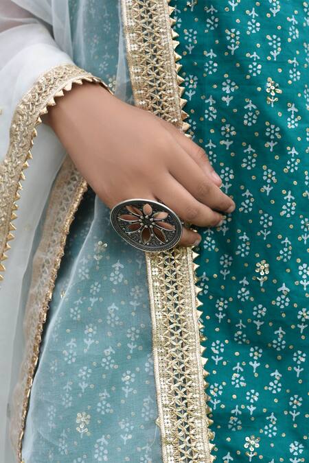 Seema Nanda_Blue Cotton Embroidery Jewel Neck Asymmetric Kurta With Lehenga And Dupatta_Online_at_Aza_Fashions