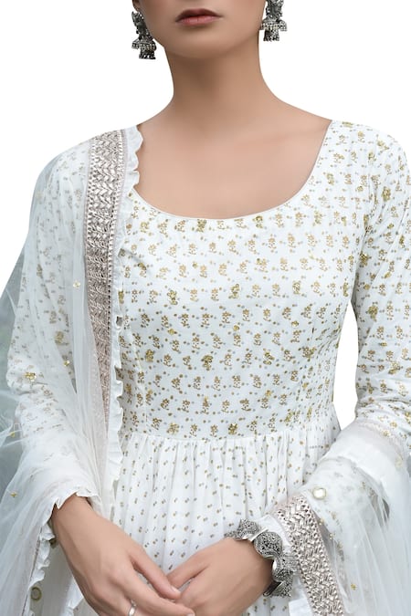Seema Nanda_Off White Cotton Embroidery Round Neck Hand Anarkali Set  _Online_at_Aza_Fashions