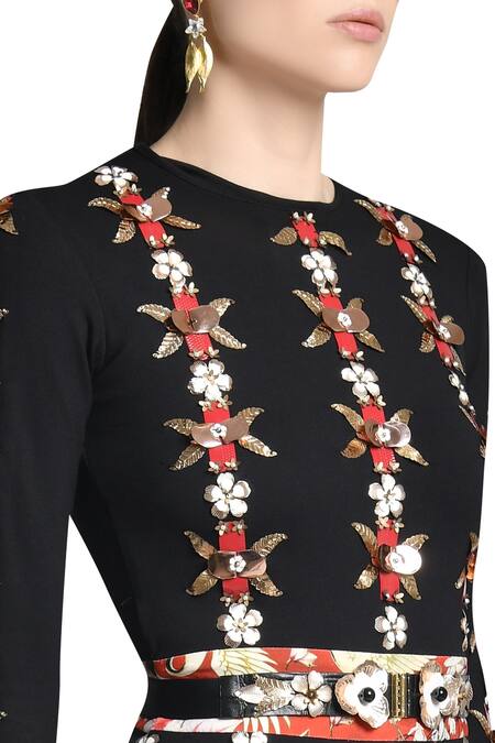 Shivan & Narresh_Black Skein Work Dress With Front Slit_Online_at_Aza_Fashions